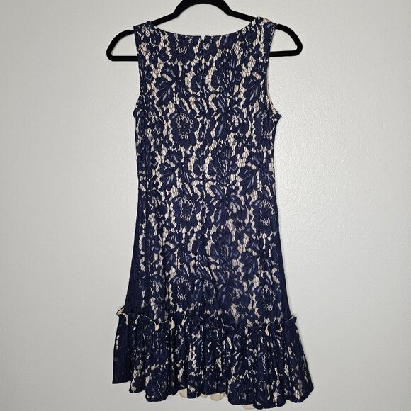 Eliza J 2 Navy Blue Nude Lace Overlay Shift Dress Flounce Hem Cocktail Event - Picture 5 of 6